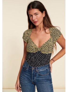 Rouje Mixed-Print Sweetheart Cap-Sleeve Top in Yellow and Black